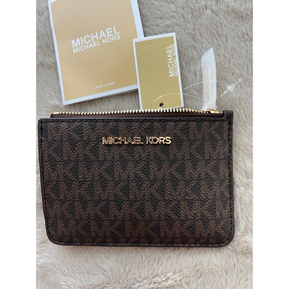 Michael Kors Jet Set Small Brown Coin Pouch W/ ID Window Monogram Leather Wallet - Picture 5 of 7